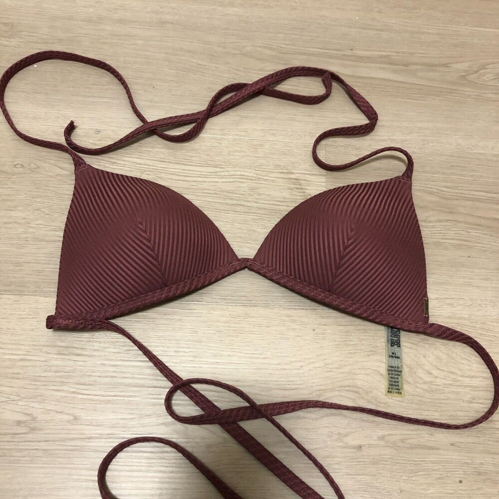5/$25 VS PINK triangle string bikini top medium m purple plum ribbed string A6